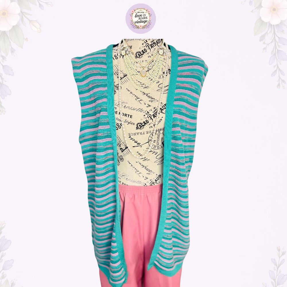 Vintage 1970s Knit Vest • ILGWU • Striped Open Cardigan • Teal & Pink • USA Made